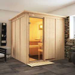 Sauna traditionnel RODIN 5 à 6 places 68mm avec couronne et porte en verre clair KARIBU