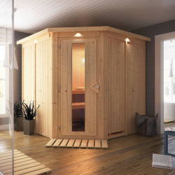 Sauna traditionnel d'angle JARIN 5 à 6 places 68mm avec couronne et porte à économie d'énergie KARIBU