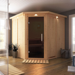 Sauna traditionnel d'angle JARIN 5 à 6 places 68mm avec couronne et porte moderne KARIBU