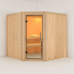 Sauna traditionnel d'angle JARIN 5 à 6 places 68mm sans couronne - avec porte en verre clair KARIBU