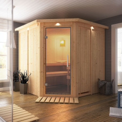 Sauna traditionnel d'angle JARIN 5 à 6 places 68mm avec couronne et porte en verre clair KARIBU