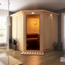 Sauna traditionnel d'angle JARIN 5 à 6 places 68mm avec couronne et porte classique KARIBU