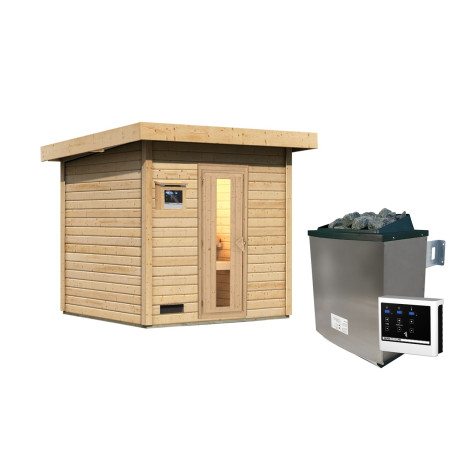Sauna d’extérieur en bois brut Hytti 2 - 4 places 38mm - poêle 9KW ctrl externe - KARIBU