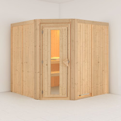 Sauna traditionnel d'angle JARIN 5 à 6 places 68mm sans couronne - avec porte à économie d'énergie KARIBU