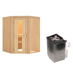 Sauna traditionnel d'angle LARIN 3 à 4 places 68mm - poêle 9000W ctrl intégré - sans couronne - porte économie d'énergie KARIBU