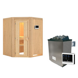 Sauna traditionnel d'angle LARIN - poêle 9000W ctrl externe 3 à 4 places 68mm - sans couronne - porte économie d'énergie KARIBU