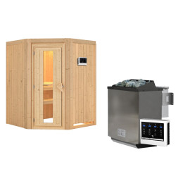 Sauna traditionnel d'angle LARIN - 3 à 4 places 68mm - poêle Easy Bio 9000W - sans couronne - porte économie d'énergie KARIBU