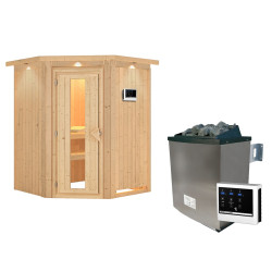 Sauna traditionnel d'angle LARIN - 3 à 4 places - 68mm - poêle a ctrl externe - couronne - porte à économie d'énergie KARIBU