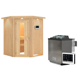 Sauna traditionnel d'angle LARIN - 3 à 4 places - 68mm - poêle poêle Easy Bio - couronne - porte à économie d'énergie KARIBU
