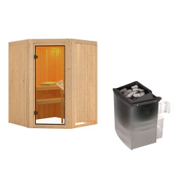 Sauna traditionnel d'angle LARIN - 3 à 4 places - 68mm - poêle avec ctrl intégré - sans couronne - porte classique KARIBU