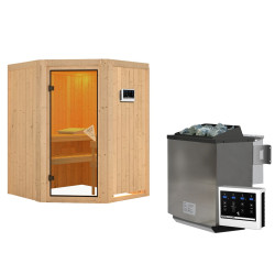 Sauna traditionnel d'angle LARIN - 3 à 4 places - 68mm - poêle Easy Bio 9000W - sans couronne - porte classique KARIBU