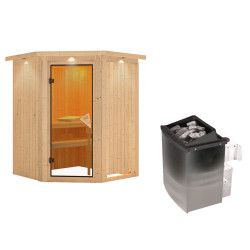 Sauna traditionnel d'angle LARIN- 3 à 4 places - 68mm - poêle avec ctrl intégré - couronne - porte classique KARIBU