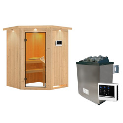 Sauna traditionnel d'angle LARIN - 3 à 4 places - 68mm - poêle avec ctrl externe - couronne - porte classique KARIBU