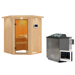 Sauna traditionnel d'angle LARIN - 3 à 4 places - 68mm - poêle Easy Bio 9000W - couronne - porte classique KARIBU