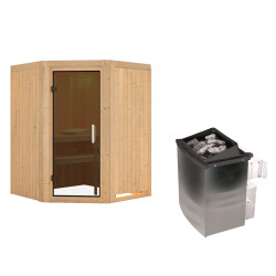 Sauna traditionnel d'angle LARIN - 3 à 4 places - 68mm - poêle avec ctrl intégré - sans couronne - porte moderne KARIBU