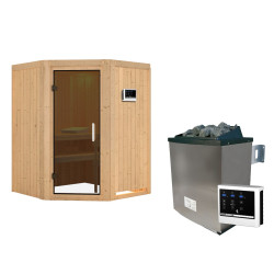 Sauna traditionnel d'angle LARIN - 3 à 4 places - 68mm - poêle avec ctrl externe - sans couronne - porte moderne KARIBU