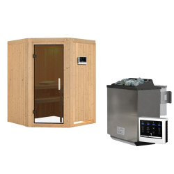 Sauna traditionnel d'angle LARIN - 3 à 4 places - 68mm - poêle Easy Bio 9000W - sans couronne - porte moderne KARIBU