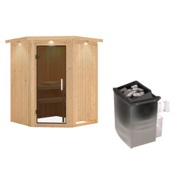 Sauna traditionnel d'angle LARIN - 3 à 4 places - 68mm - poêle avec ctrl intégré - couronne - porte moderne KARIBU