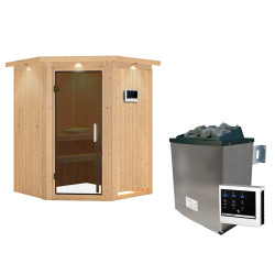 Sauna traditionnel d'angle LARIN - 3 à 4 places - 68mm - poêle avec ctrl externe - couronne - porte moderne KARIBU