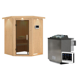 Sauna traditionnel d'angle LARIN - 3 à 4 places - 68mm - poêle Easy Bio 9000W - couronne - porte moderne KARIBU