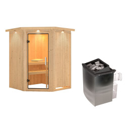 Sauna traditionnel d'angle LARIN - 3 à 4 places - 68mm - poêle avec ctrl intégré - couronne - porte en verre claire KARIBU