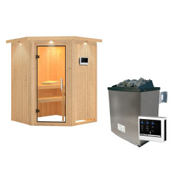 Sauna traditionnel d'angle LARIN - 3 à 4 places - 68mm - poêle avec ctrl externe - couronne - porte en verre claire KARIBU