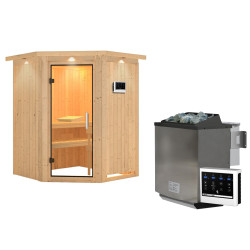 Sauna traditionnel d'angle LARIN - 3 à 4 places - 68mm - poêle Easy Bio 9000W - couronne - porte en verre claire KARIBU