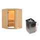 Sauna traditionnel d'angle LARIN avec poêle a contrôle intégré - avec porte en verre clair KARIB