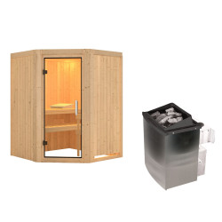 Sauna traditionnel d'angle LARIN - 3 à 4 places - 68mm - poêle a ctrl intégré - sans couronne - porte en verre clair KARIBU