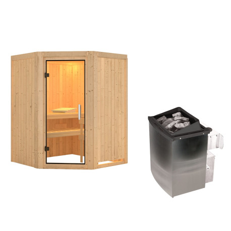 Sauna traditionnel d'angle LARIN avec poêle a contrôle intégré - avec porte en verre clair KARIB