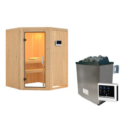 Sauna traditionnel d'angle LARIN - 3 à 4 places - 68mm - poêle a ctrl externe - sans couronne - porte en verre clair KARIBU