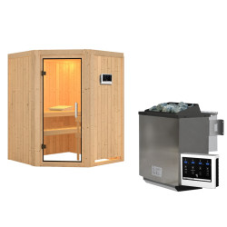 Sauna traditionnel d'angle LARIN - 3 à 4 places - 68mm - poêle Easy Bio 9000W - sans couronne - porte en verre clair KARIBU
