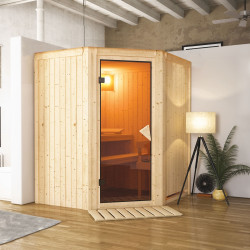 Sauna traditionnel d'angle TAURIN - poêle avec ctrl intégré - 2 à 3 places - 68mm sans couronne - porte classique KARIBU