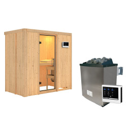 Sauna traditionnel VARIADO 2 à 3 places 68mm - poêle 9000W ctrl externe - sans couronne - porte en verre clair KARIBU