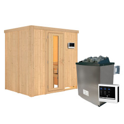 Sauna traditionnel BODIN 1 à 2 places 68mm - poêle 9000W ctrl externe - sans couronne - porte à économie d'énergie KARIBU