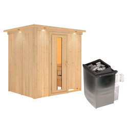 Sauna traditionnel BODIN 1 à 2 places 68mm - poêle 9000W ctrl intégré - couronne - porte à économie d'énergie KARIBU