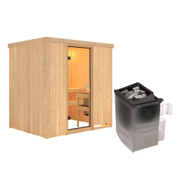 Sauna traditionnel BODIN 1 à 2 places 68mm - poêle 9000W ctrl intégré - sans couronne - porte classique KARIBU