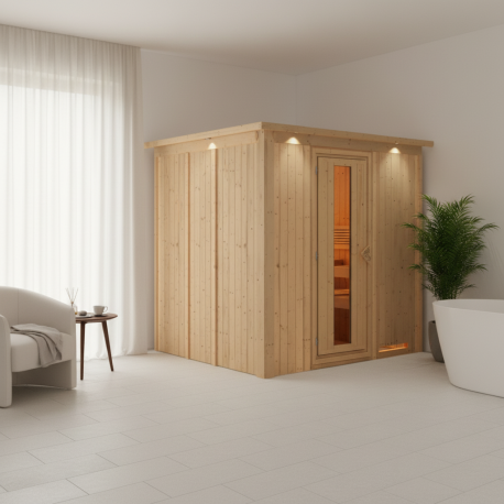Sauna traditionnel Daria Plug &Play - 4 à 6 places 68mm avec couronne et porte à économie d'énergie KARIBU