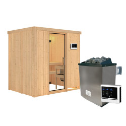 Sauna traditionnel BODIN 1 à 2 places 68mm - poêle 9000W ctrl externe - sans couronne - porte en verre clair KARIBU