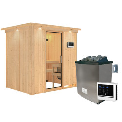 Sauna traditionnel BODIN 1 à 2 places 68mm - poêle 9000W ctrl externe - couronne - porte en verre clair KARIBU