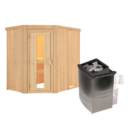 Sauna traditionnel d'angle CARIN 4 à 5 places 68mm - poêle 9000W ctrl intégré sans couronne - porte à économie d'énergie KARIBU