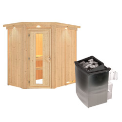 Sauna traditionnel d'angle CARIN 4 à 5 places 68mm - poêle 9000W ctrl intégré - couronne - porte à économie d'énergie KARIBU