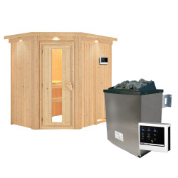 Sauna traditionnel d'angle CARIN 4 à 5 places 68mm - poêle 9000W ctrl externe - couronne - porte à économie d'énergie KARIBU