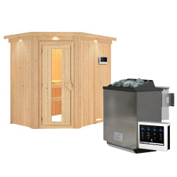 Sauna traditionnel d'angle CARIN 4 à 5 places 68mm - poêle Easy Bio 9000W - couronne - porte à économie d'énergie KARIBU