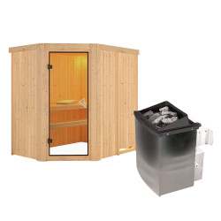 Sauna traditionnel d'angle CARIN 4 à 5 places 68mm - poêle ctrl intégré - sans couronne - porte classique KARIBU