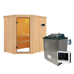 Sauna traditionnel d'angle CARIN 4 à 5 places 68mm - poêle ctrl externe - sans couronne - porte classique KARIBU