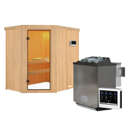 Sauna traditionnel d'angle CARIN 4 à 5 places 68mm - poêle Easy Bio 9000W - sans couronne - porte classique KARIBU