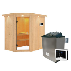 Sauna traditionnel d'angle CARIN 4 à 5 places 68mm - poêle 9000W ctrl externe - couronne - porte classique KARIBU