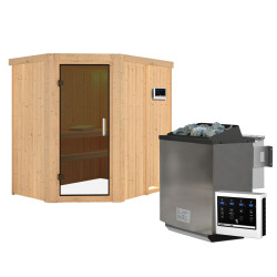 Sauna traditionnel d'angle CARIN 4 à 5 places 68mm - poêle Easy Bio - sans couronne - porte moderne KARIBU