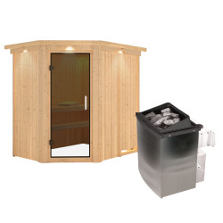 Sauna traditionnel d'angle CARIN 4 à 5 places 68mm - poêle 9000W ctrl intégré - couronne - porte moderne KARIBU